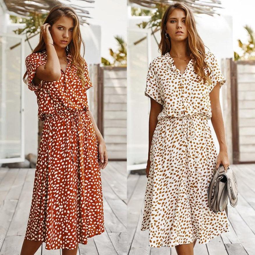 Short-sleeved lace casual elastic waist cotton floral dress - Trendha