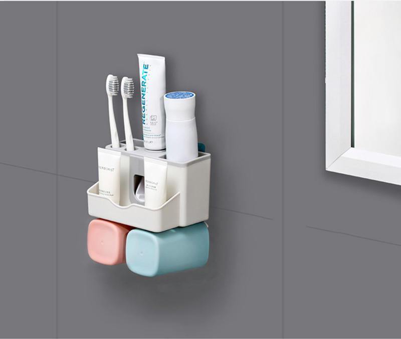 Toothbrush Holder Set Storage Suplies Save Space No Drill Wall Mount Toothpaste Dispenser Multi-Functional Slots Bathroom Strong Traceless Hander - Trendha