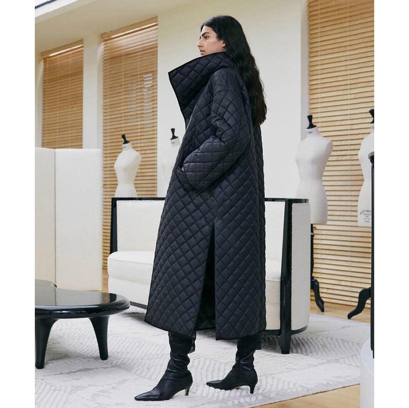 Long Black Diamond-Quilted Cotton Coat