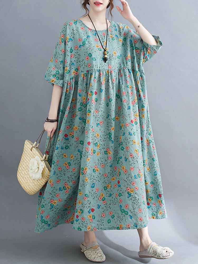 Casual Floral Printed Loose Fit O-Neck Maxi Dress For Women - Trendha