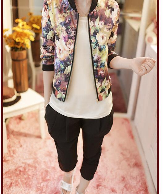 Jacket Trendy Wild Floral Zipper Stand Collar Long Sleeve Short Jacket Women - Trendha