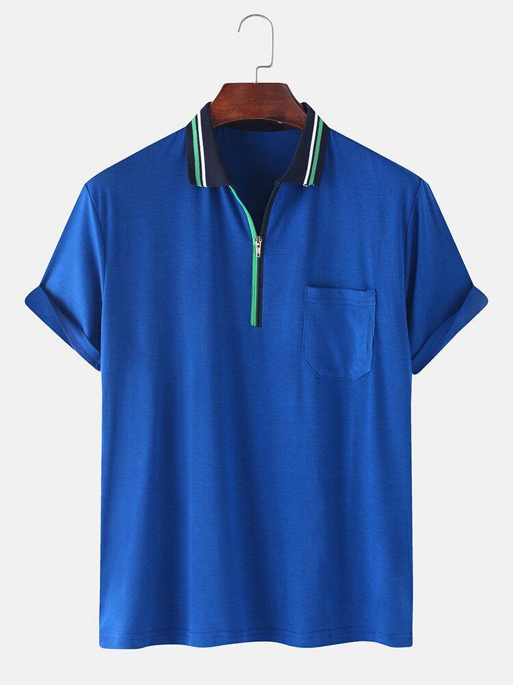 Mens Front Zip Chest Pocket Short Sleeve Lesure Sport Golf Shirts - Trendha