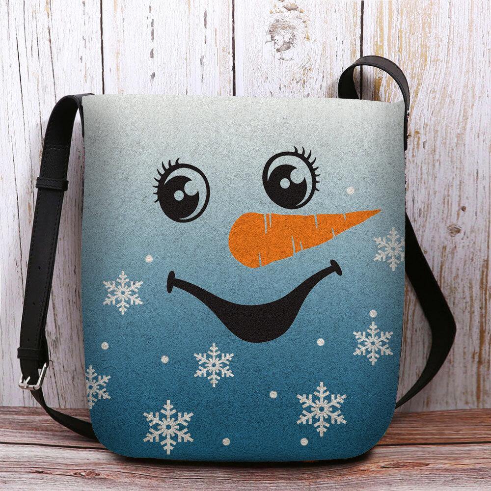 Women Felt Cute Festive Christmas Smile Snowman Snowflakes Print Crossbody Bag Shoulder Bag - Trendha