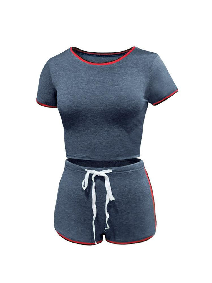 Solid Color O-neck Short Sleeve T-shirts Drawstring Waist Casual Shorts - Trendha