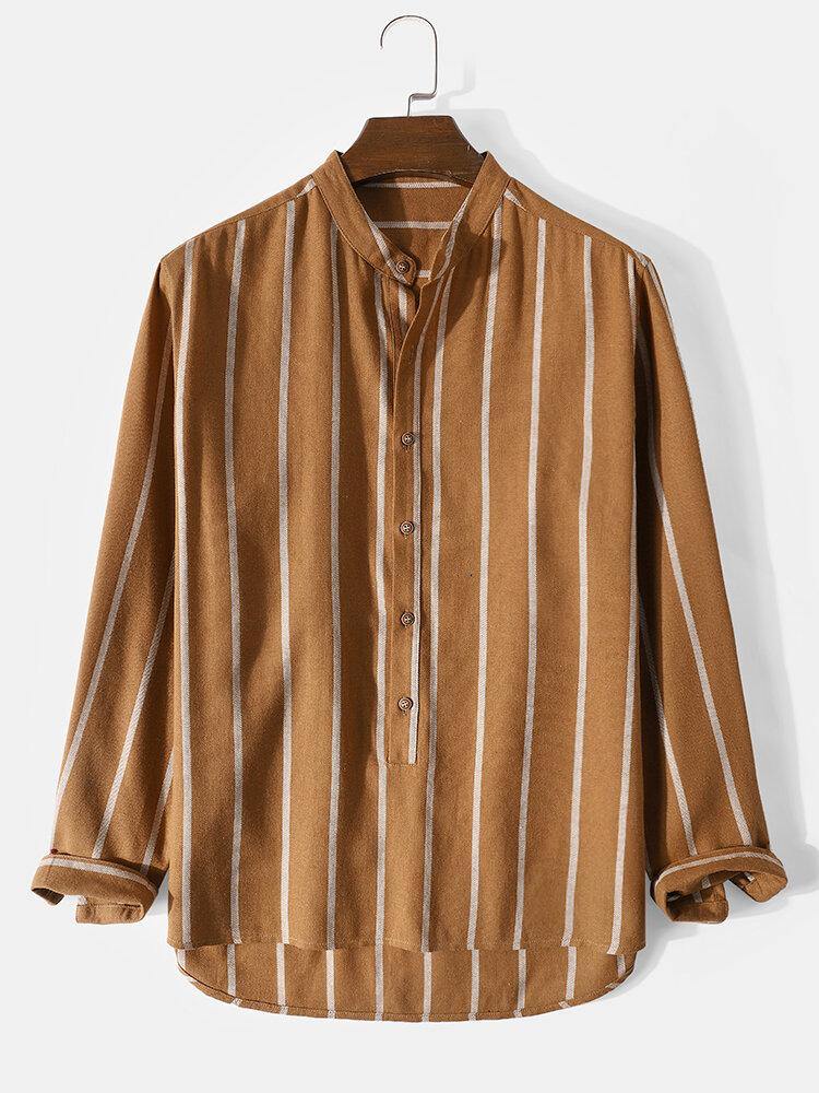 Mens 100% Cotton Striped High Low Plain Long Sleeve Henley Shirts - Trendha