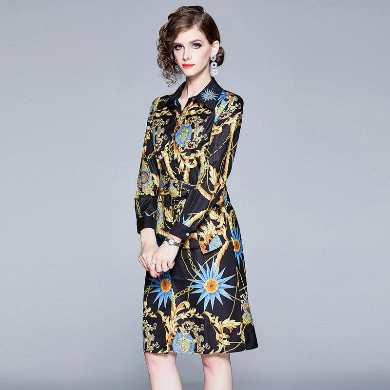 Vintage Lapel Tie Printed Single Breasted Dress