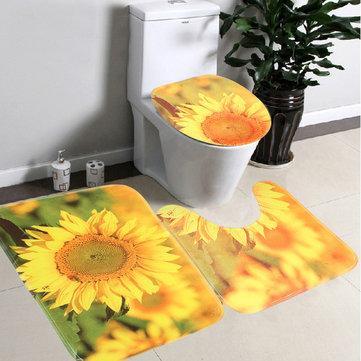3pcs/Set Yellow Sunflower Non-Slip Bathroom Pedestal Rug Lid Toilet Cover Bath Mat Floor Carpet Home Decor - Trendha