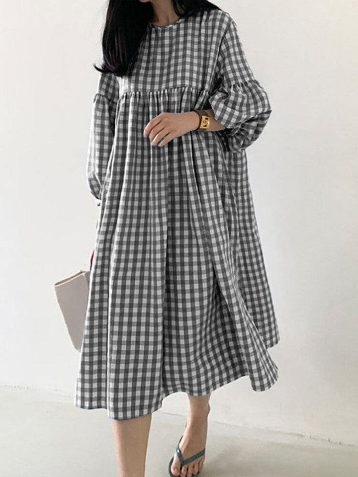Women's Casual Plaid Midi Dress with Bohemian Puff Sleeves - Trendha