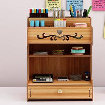 Wooden Desk Organizer Multi-Functional DIY Pen Holder Box Cell Phone Holder Desktop Stationary Home Office Supplies Storage Rack with Drawer - Trendha
