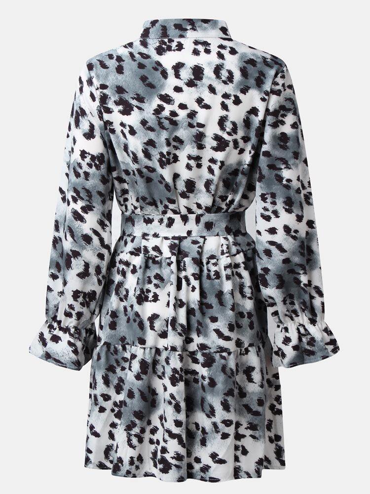 Leopard Print Stand Collar Long Sleeve Button Knotted Dress - Trendha