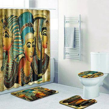 4Pcs Bathroom Suit Ancient Egyptian Waterproof Toilet Cover Rug Mat Set Flannel Bathroom Shower Curtain - Trendha