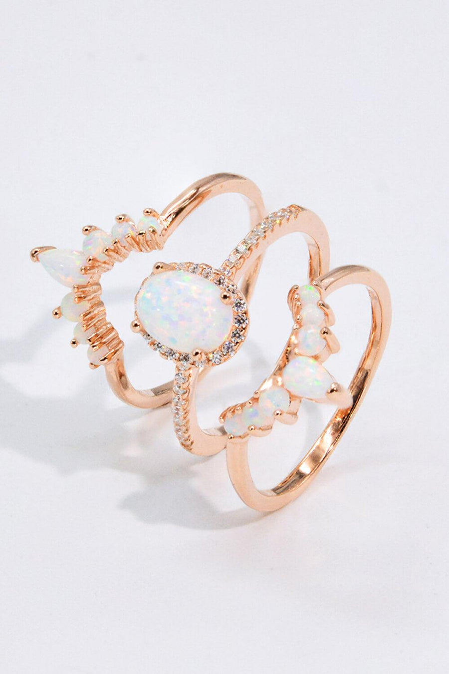 Opal and Zircon Three-Piece Ring Set - Trendha