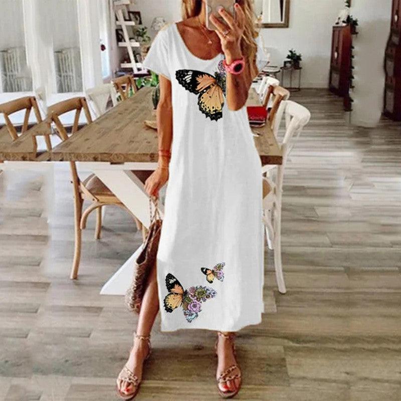 Short-Sleeve Loose Printed Maxi Dress