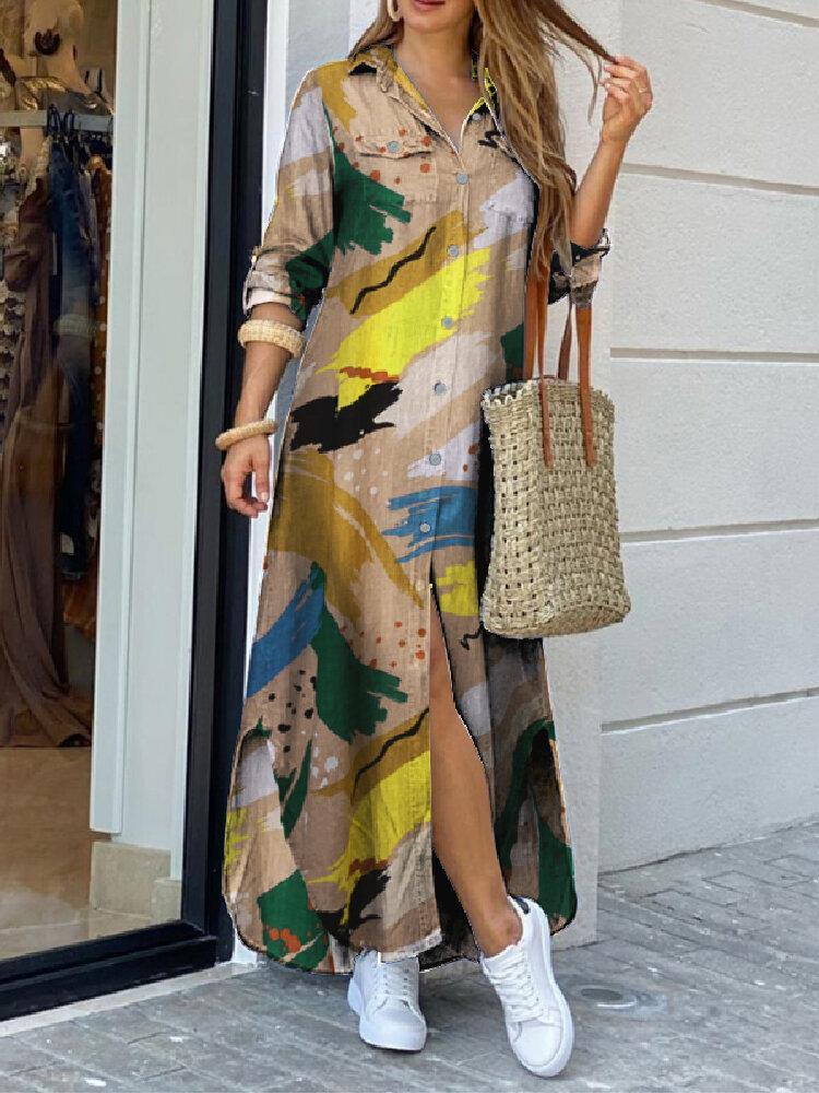 Women's Graffiti Print Lapel Shirt Dress with Double Pockets - Casual and Stylish - Trendha