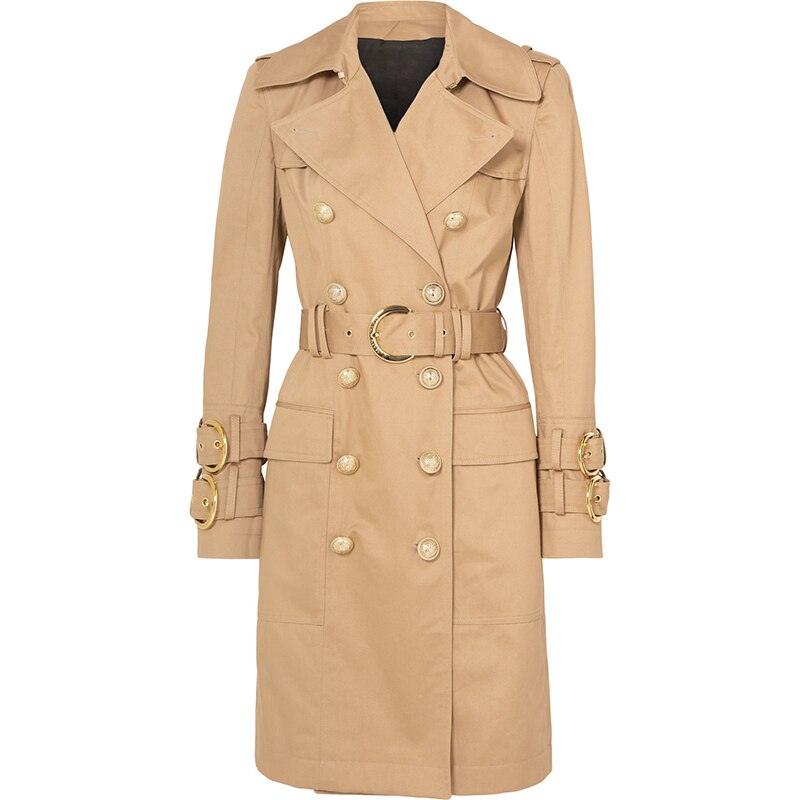 Buckle double-breasted belted long trench coat - Trendha