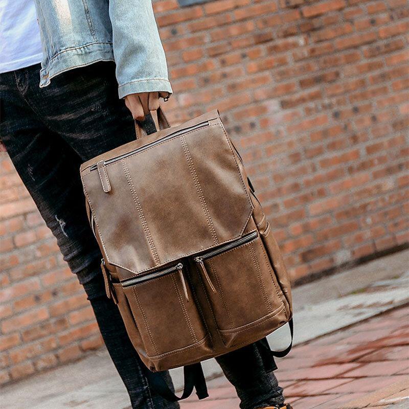 Men PU Leather Retro Business Casual Style Large Capacity 14 Inch Laptop Bag Student School Bag Travel Backpack - Trendha