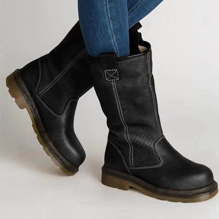 Plush warm flat bottomed medium boots women's large - Trendha