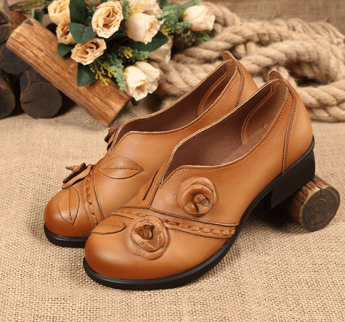Ethnic style single shoes leather thick with round head women's shoes retro shallow shoes - Trendha