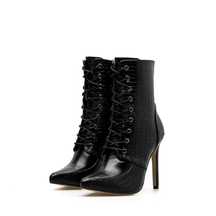 Pointed toe lace-up Crocodile print high-heeled boots - Trendha