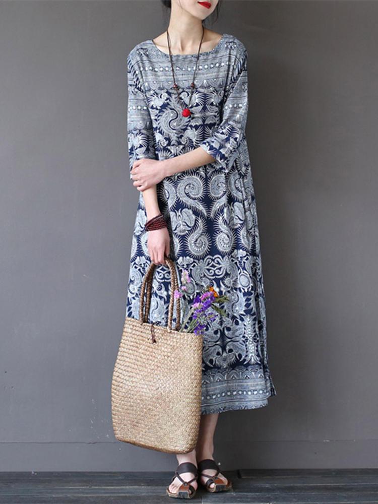 Women Loose Retro Printing 3/4 Sleeve Maxi Dress - Trendha