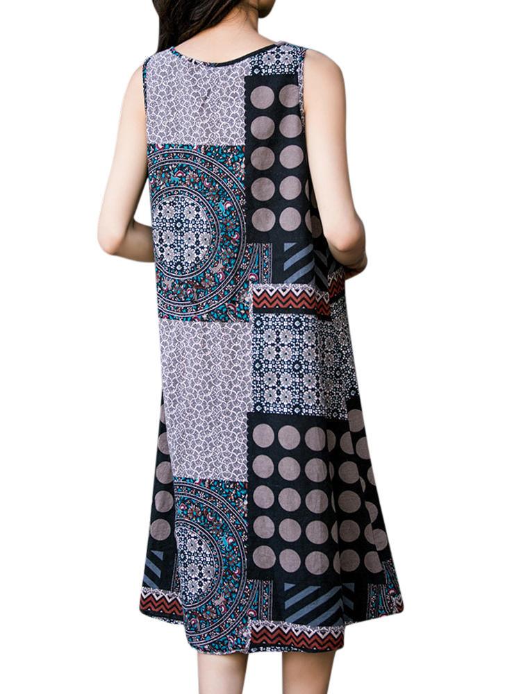 Women Sleeveless Random Printed Patchwork Split Hem Casual Dresses - Trendha