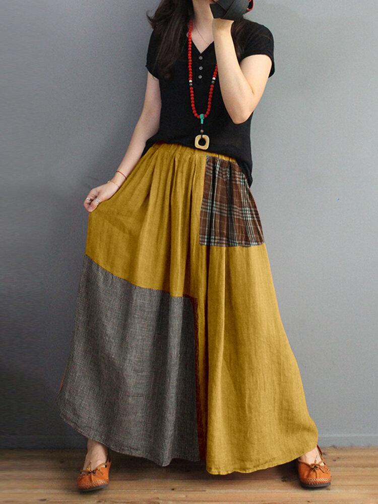 Women Plaid Patchwork Elastic Waist Swing Skirt With Pocket - Trendha