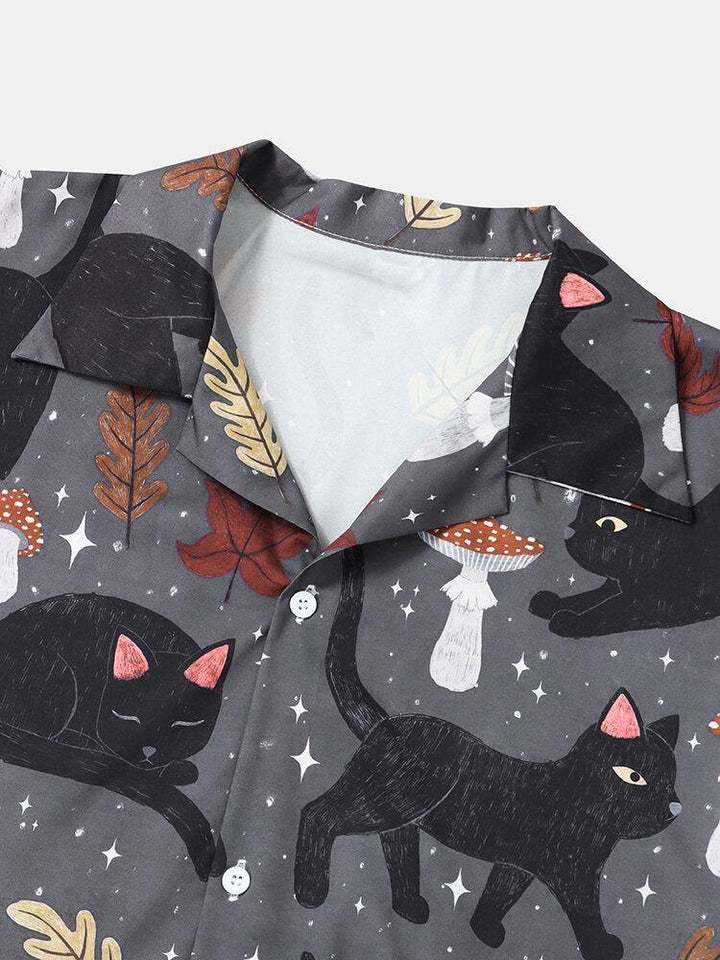 Mens Street Cat & Mushroom Print Revere Collar Shirts - Trendha