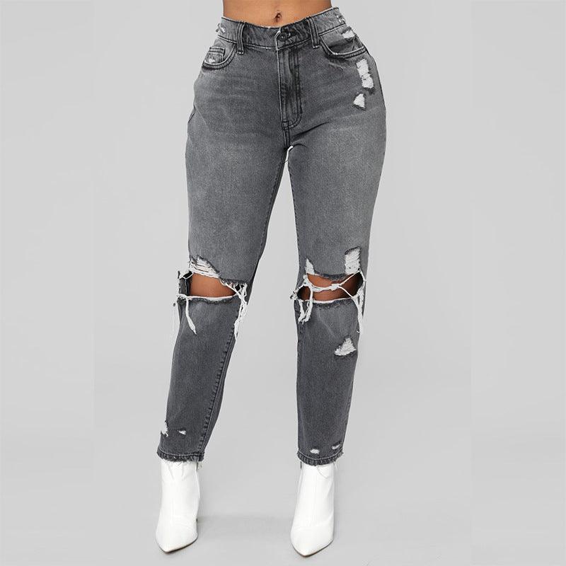 High-Waist Ripped Gray Jeans