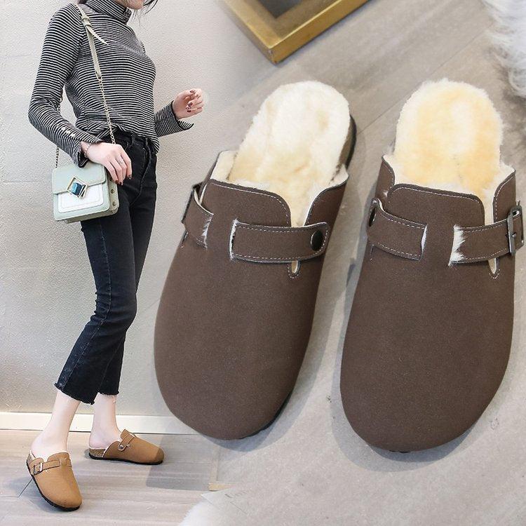 Round Head Comfortable Casual Flat Bottom Plus Fluffy Lazy Half Slippers Female Trend - Trendha