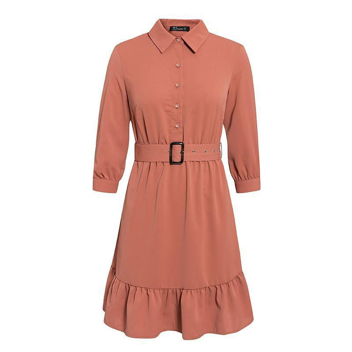 3/4 sleeve belt skirt ruffled retro style slim dress - Trendha