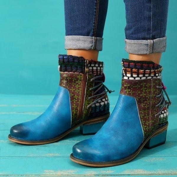 Retro fabric stitching adjustable leather pattern warm boots