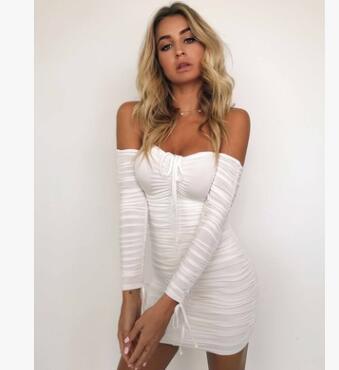 Bandage Dress Women Sexy Off Shoulder Long Sleeve Slim Elastic Bodycon Party Dresses Gowns - Trendha