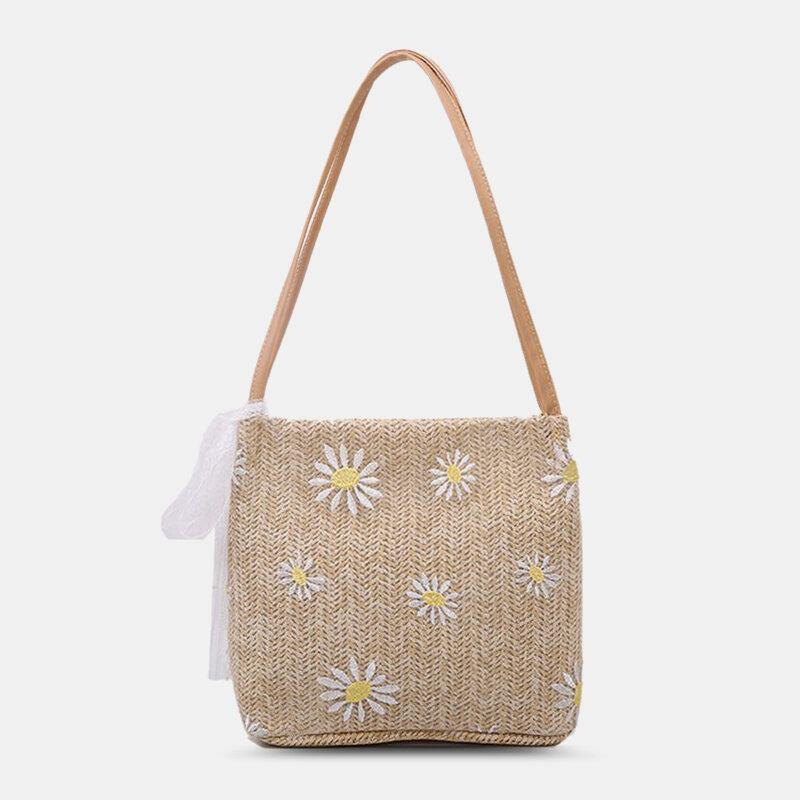 Women Straw Lace Daisy Sunflower Pattern Print Large Capacity Shoulder Bag Handbag - Trendha