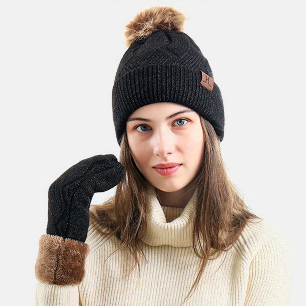 Women 2PCS Wool Plus Thicken Warm Winter Outdoor Knitted Gloves Knitted Hat with Fluff Ball - Trendha