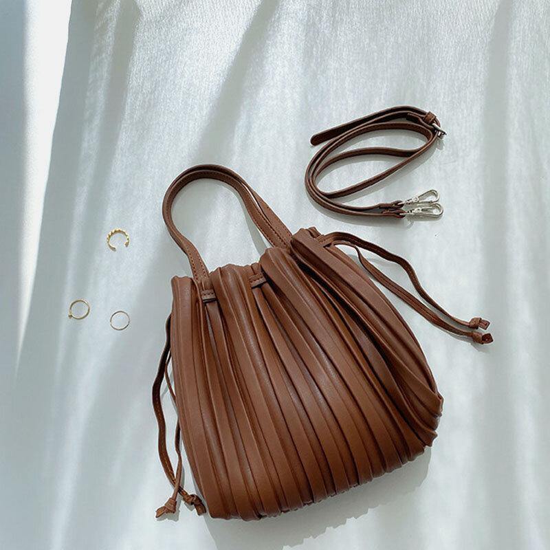 Women PU Leather Drawstring Stripe Crossbody Bag Shoulder Bag Handbag Ruched Bag - Trendha
