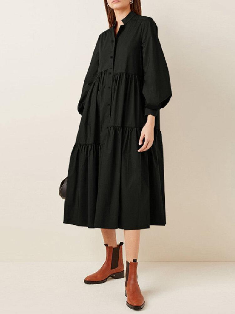 Women Stylish Irregular Layered Stand Collar Puff Sleeve Solid Color Midi Dress - Trendha