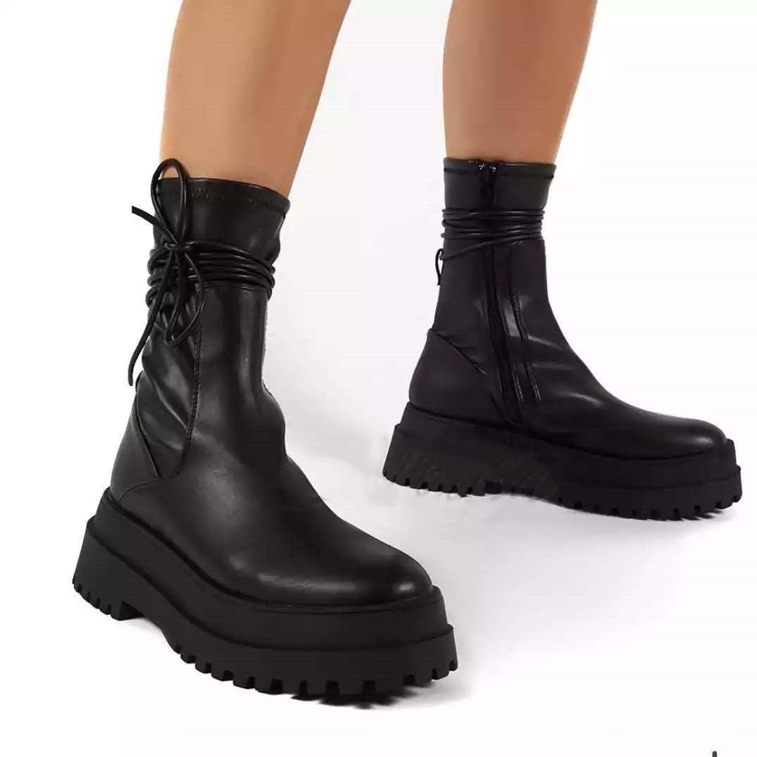 Women's Round Toe PU British Style Lace-up Martin Boots