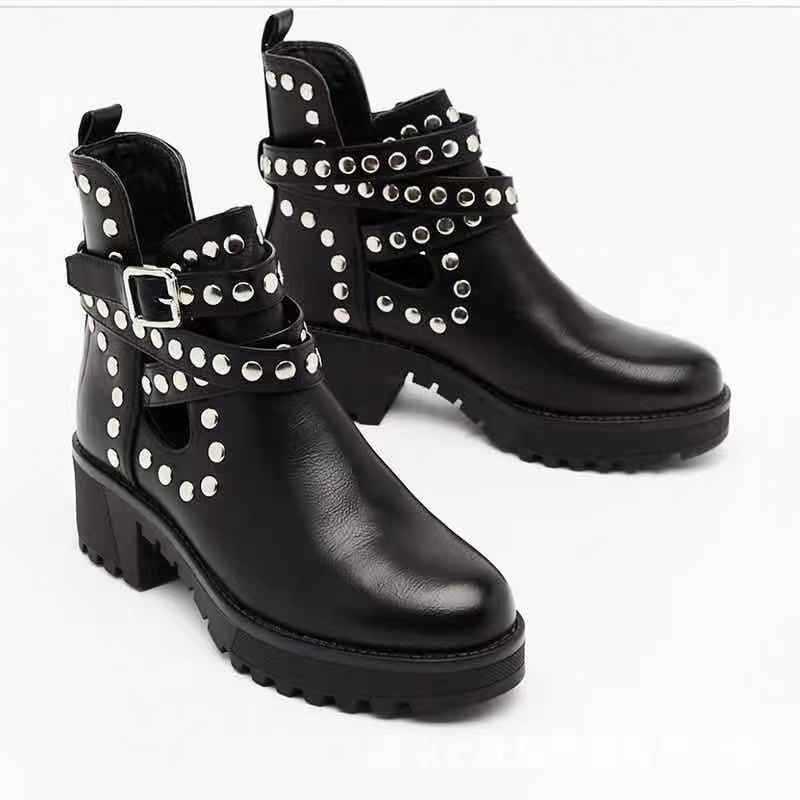 Studded Low Tube Hollow Solid Color Large Size Martin Boots - Trendha