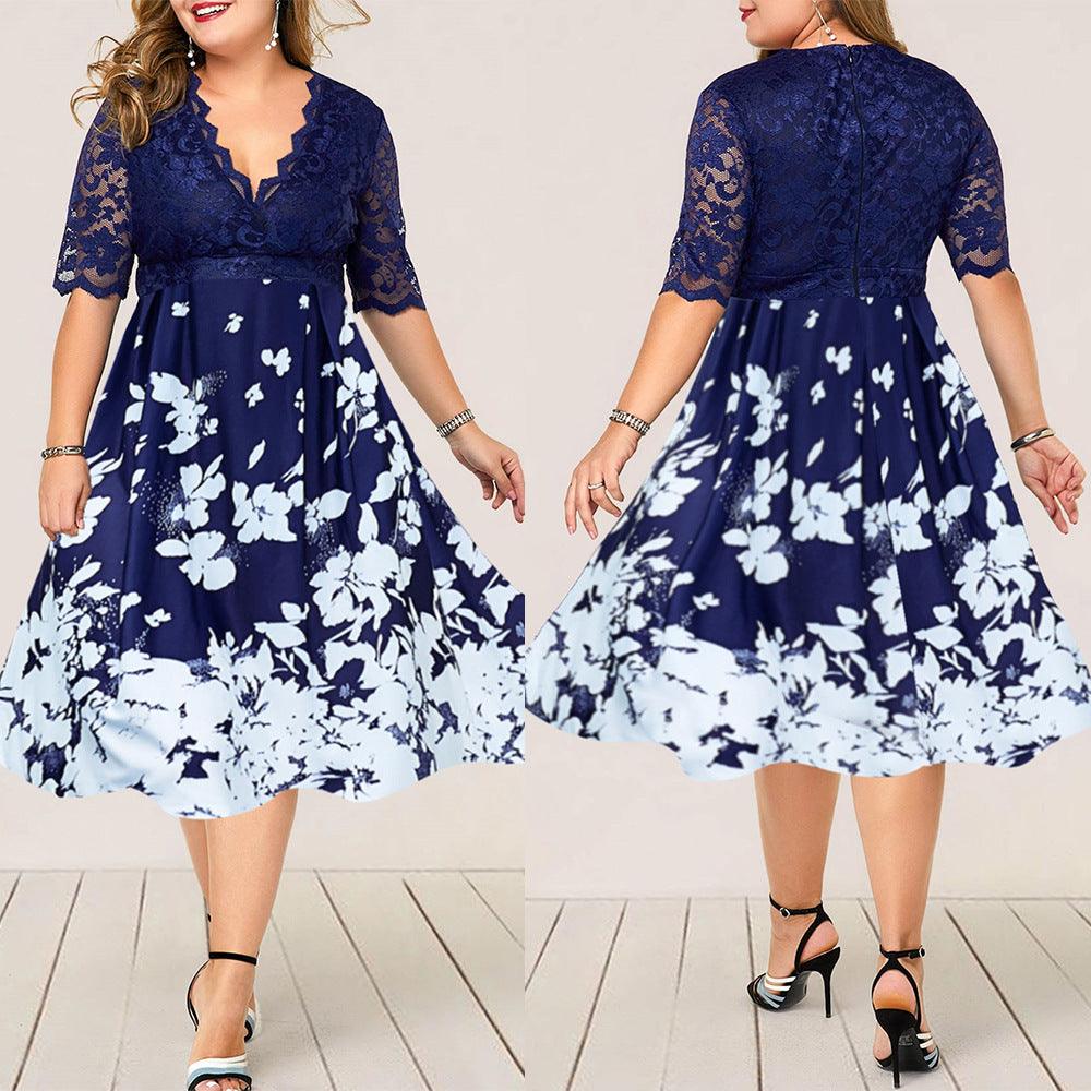 Large Size Digital Printing Lace Stitching Dress - Trendha