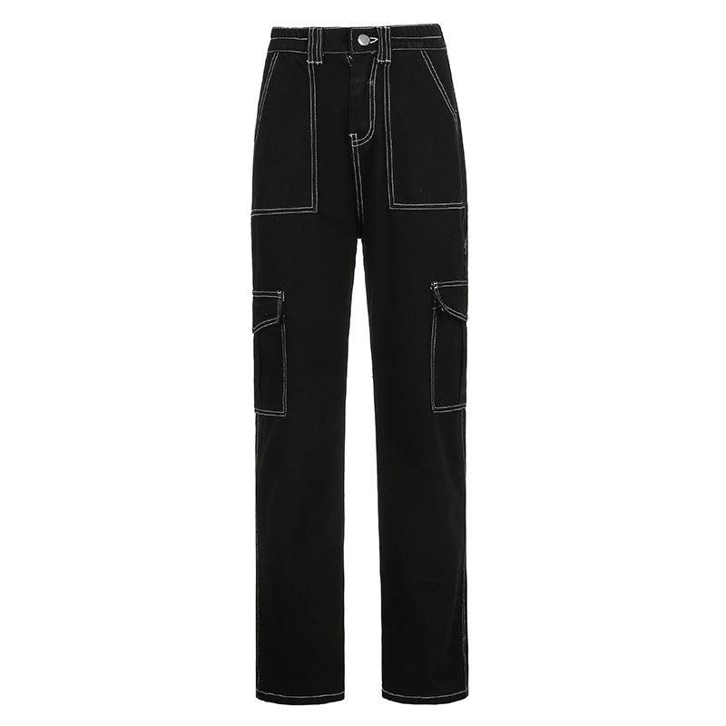 Retro Topstitched Big Pocket Black Straight High-rise Jeans - Trendha