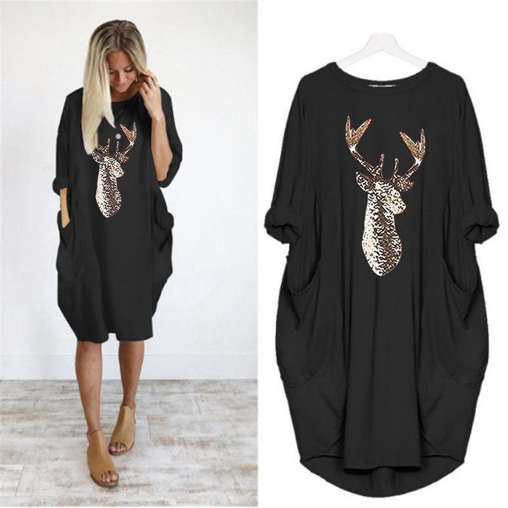 Christmas Pattern Printed Round Neck Autumn And Winter New Style Dress - Trendha