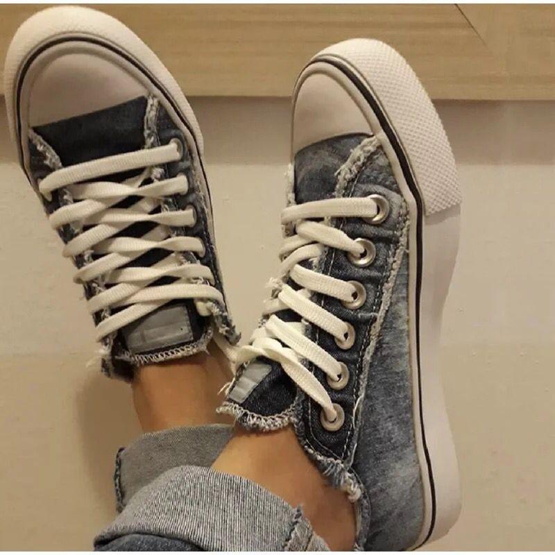 Women's Large Size Lace-Up Canvas Sneakers with Thick Soles and Denim Design - Trendha