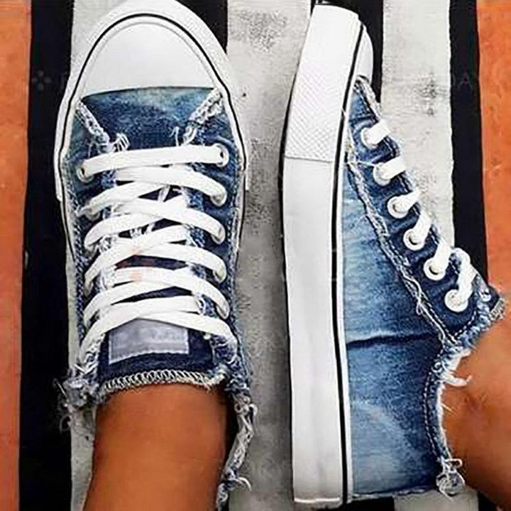 Women's Large Size Lace-Up Canvas Sneakers with Thick Soles and Denim Design - Trendha