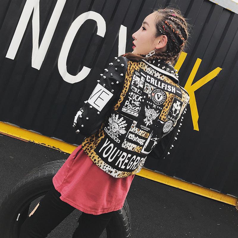 Printed Rivet Leopard Print Stitching Short Motorcycle Leather Jacket - Trendha