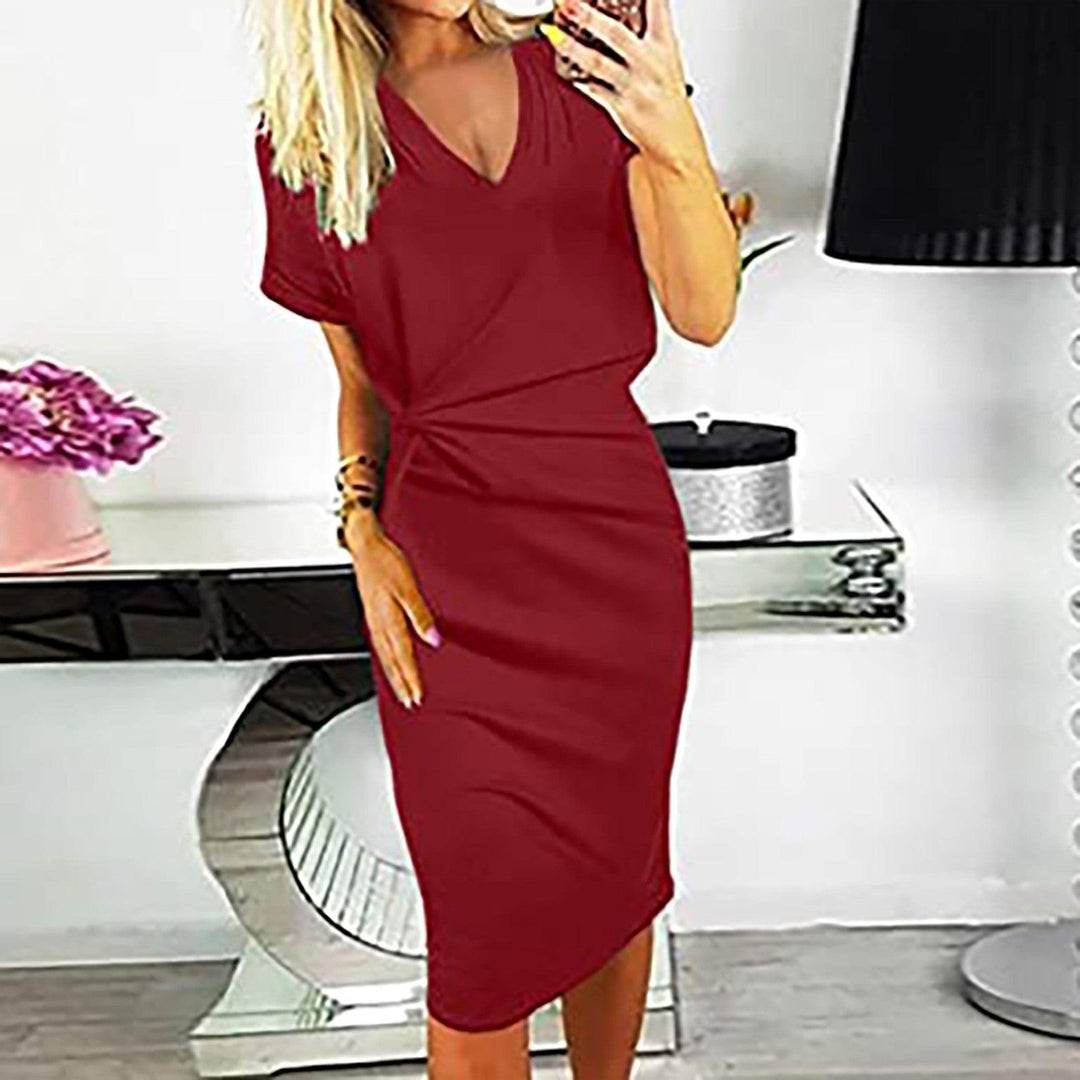 Fashion Solid Color Casual Twist V Neck Short Sleeve Skirt Women - Trendha