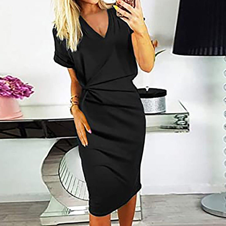 Fashion Solid Color Casual Twist V Neck Short Sleeve Skirt Women - Trendha