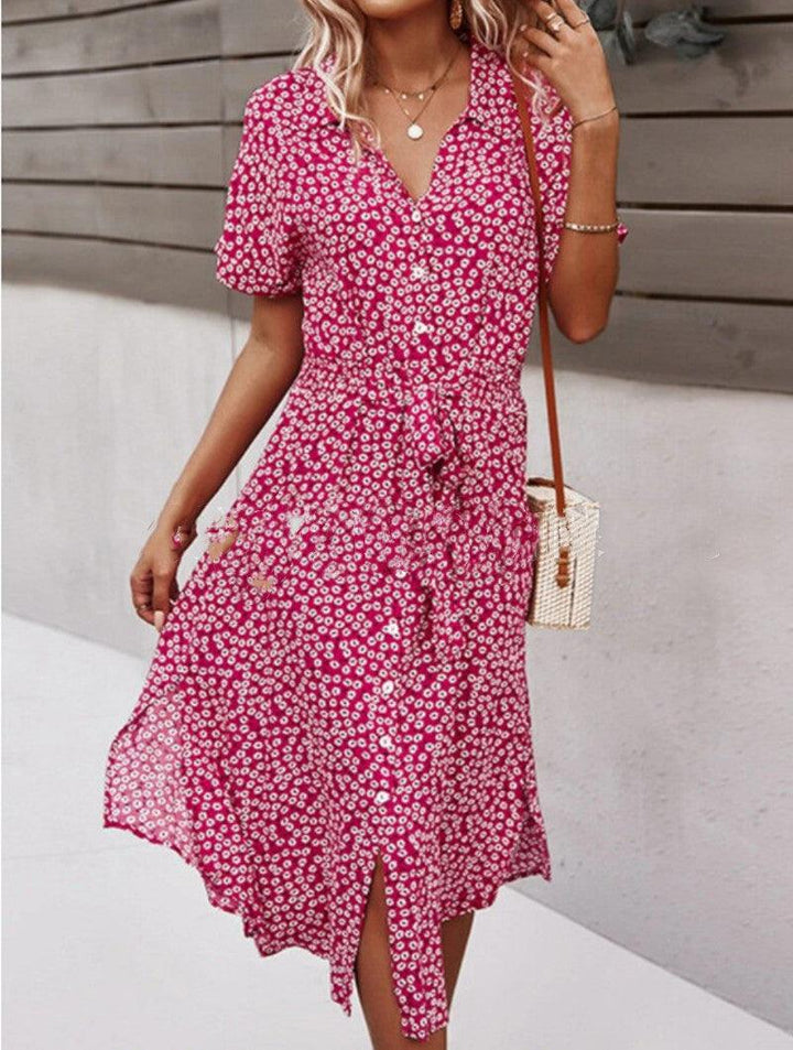 2021 New Floral Print Lapel Button Knotted Short Sleeve Dress - Trendha
