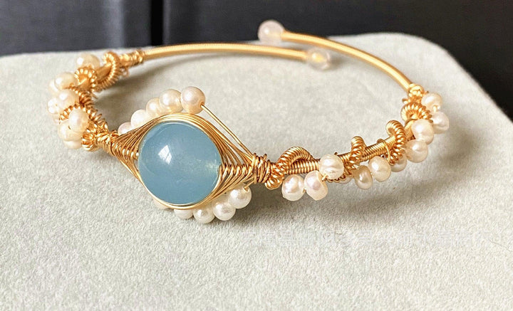 14K GoldWrapped Handmade Bracelet Hailan Baohai Sapphire Natural White Pearl Bracelet - Trendha