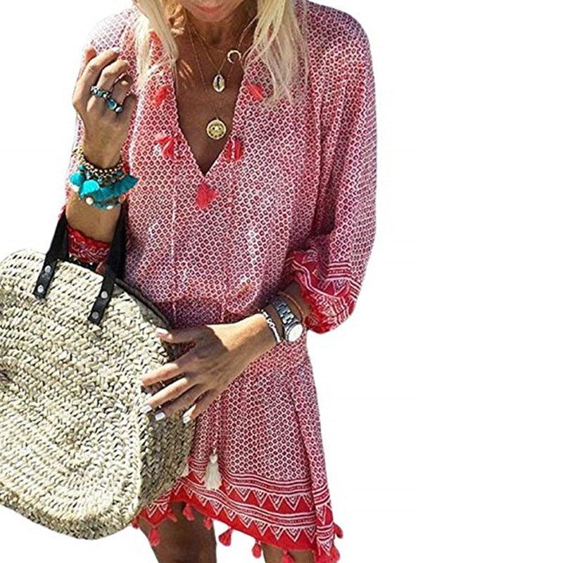 Women's Printed Dress V Neck Elastic Waist Fringed Beach Dress - Trendha