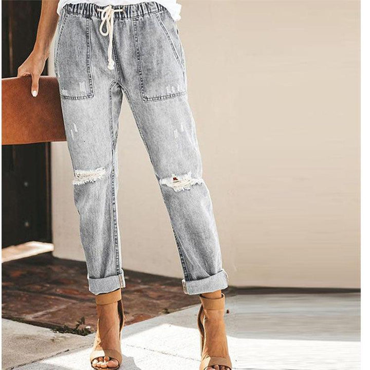 Cross-Border Wish AliExpress Women's Jeans Fashion Casual Street Hipster Korean Style Straight Leg Pants Ripped Trousers - Trendha